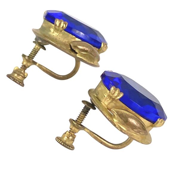 VTG 40s 50s Mid Century Gold Tone Screw Back Earrings Cobalt Blue Glass - Picture 6 of 16